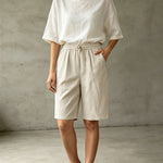 Buddha Stones Summer Casual Drawstring Solid Bermuda Shorts Women's Straight Leg Pants With Pockets