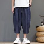 Buddha Stones Summer Casual Drawstring Striped Capri Pants Men's Harem Pants With Pocket