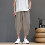 Buddha Stones Summer Casual Drawstring Striped Capri Pants Men's Harem Pants With Pocket