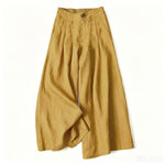 Buddha Stones Summer Elegant Solid Elastic Waist Button Zipper Design Cotton Linen Long Pants Women's Wide Leg Pants With Pockets