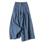 Buddha Stones Summer Elegant Solid Elastic Waist Button Zipper Design Cotton Linen Long Pants Women's Wide Leg Pants With Pockets