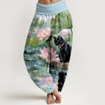 Buddha Stones Pure Cotton Lotus Black Cat Pattern Women's Elastic Waist Harem Pants