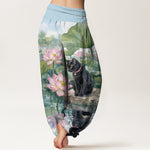 Buddha Stones Pure Cotton Lotus Black Cat Pattern Women's Elastic Waist Harem Pants