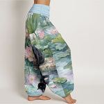 Buddha Stones Pure Cotton Lotus Black Cat Pattern Women's Elastic Waist Harem Pants