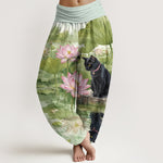 Buddha Stones Pure Cotton Lotus Black Cat Pattern Women's Elastic Waist Harem Pants