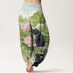 Buddha Stones Pure Cotton Lotus Black Cat Pattern Women's Elastic Waist Harem Pants