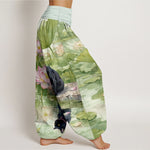 Buddha Stones Pure Cotton Lotus Black Cat Pattern Women's Elastic Waist Harem Pants