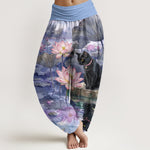 Buddha Stones Pure Cotton Lotus Black Cat Pattern Women's Elastic Waist Harem Pants