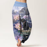 Buddha Stones Pure Cotton Lotus Black Cat Pattern Women's Elastic Waist Harem Pants