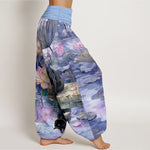 Buddha Stones Pure Cotton Lotus Black Cat Pattern Women's Elastic Waist Harem Pants