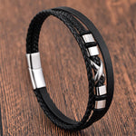 Buddha Stones Black Leather Titanium Steel Braided Strength Mens Bracelet
