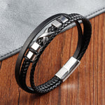 Buddha Stones Black Leather Titanium Steel Braided Strength Mens Bracelet