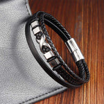 Buddha Stones Black Leather Titanium Steel Braided Strength Mens Bracelet