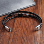 Buddha Stones Black Leather Titanium Steel Braided Strength Mens Bracelet