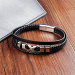 Buddha Stones Black Leather Titanium Steel Braided Strength Mens Bracelet