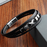 Buddha Stones Black Leather Titanium Steel Braided Strength Mens Bracelet