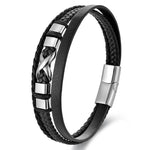 Buddha Stones Black Leather Titanium Steel Braided Strength Mens Bracelet