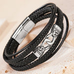 Buddha Stones Black Leather Braided Titanium Steel Durability Double Wrap Bracelet
