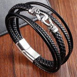 Buddha Stones Black Leather Braided Titanium Steel Durability Double Wrap Bracelet