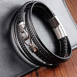 Buddha Stones Black Leather Braided Titanium Steel Durability Double Wrap Bracelet