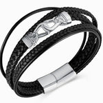 Buddha Stones Black Leather Braided Titanium Steel Durability Double Wrap Bracelet