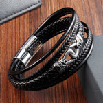 Buddha Stones Black Leather Braided Titanium Steel Durability Double Wrap Bracelet