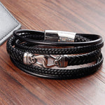Buddha Stones Black Leather Braided Titanium Steel Durability Double Wrap Bracelet