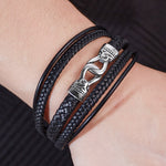 Buddha Stones Black Leather Braided Titanium Steel Durability Double Wrap Bracelet