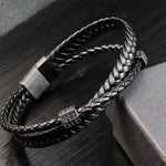 Buddha Stones Black Leather Hand-Woven Braided Titanium Steel Strength Multi-Wrap Bracelet
