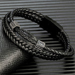 Buddha Stones Black Leather Hand-Woven Braided Titanium Steel Strength Multi-Wrap Bracelet