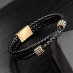 Buddha Stones Black Leather Hand-Woven Braided Titanium Steel Strength Multi-Wrap Bracelet