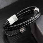 Buddha Stones Black Leather Hand-Woven Braided Titanium Steel Strength Multi-Wrap Bracelet
