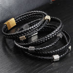 Buddha Stones Black Leather Hand-Woven Braided Titanium Steel Strength Multi-Wrap Bracelet