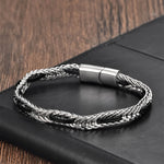 Buddha Stones Black Leather Braided Titanium Steel Double Layer Durability Bracelet