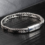 Buddha Stones Black Leather Braided Titanium Steel Double Layer Durability Bracelet