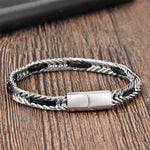 Buddha Stones Black Leather Braided Titanium Steel Double Layer Durability Bracelet