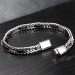 Buddha Stones Black Leather Braided Titanium Steel Double Layer Durability Bracelet