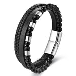 Buddha Stones Black Leather Strength Braided Double Layer Bracelet