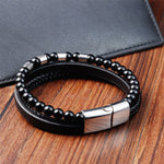 Buddha Stones Black Leather Strength Braided Double Layer Bracelet