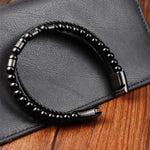 Buddha Stones Black Leather Strength Braided Double Layer Bracelet