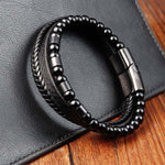 Buddha Stones Black Leather Strength Braided Double Layer Bracelet