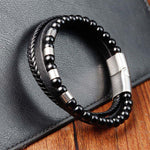Buddha Stones Black Leather Strength Braided Double Layer Bracelet
