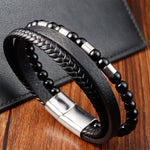 Buddha Stones Black Leather Strength Braided Double Layer Bracelet