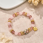 Buddha Stones Natural Strawberry Quartz Rose Quartz Enamel Flowers Pendant Love Round Polished Bead Bracelet