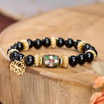 Buddha Stones Black Obsidian Cloisonné Enamel Flowers Lotus Pendant Protection Round Bead Bracelet