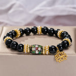 Buddha Stones Black Obsidian Cloisonné Enamel Flowers Lotus Pendant Protection Round Bead Bracelet