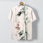 Buddha Stones Ink Bamboo Blossom Bird Calligraphy Pattern Buttons Breathable Men's Short Sleeve Shirt