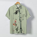 Buddha Stones Ink Bamboo Blossom Bird Calligraphy Pattern Buttons Breathable Men's Short Sleeve Shirt
