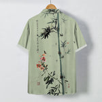 Buddha Stones Ink Bamboo Blossom Bird Calligraphy Pattern Buttons Breathable Men's Short Sleeve Shirt
