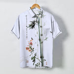 Buddha Stones Ink Bamboo Blossom Bird Calligraphy Pattern Buttons Breathable Men's Short Sleeve Shirt